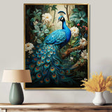 Teal Peacock Monochrome - Animals Canvas Wall Art