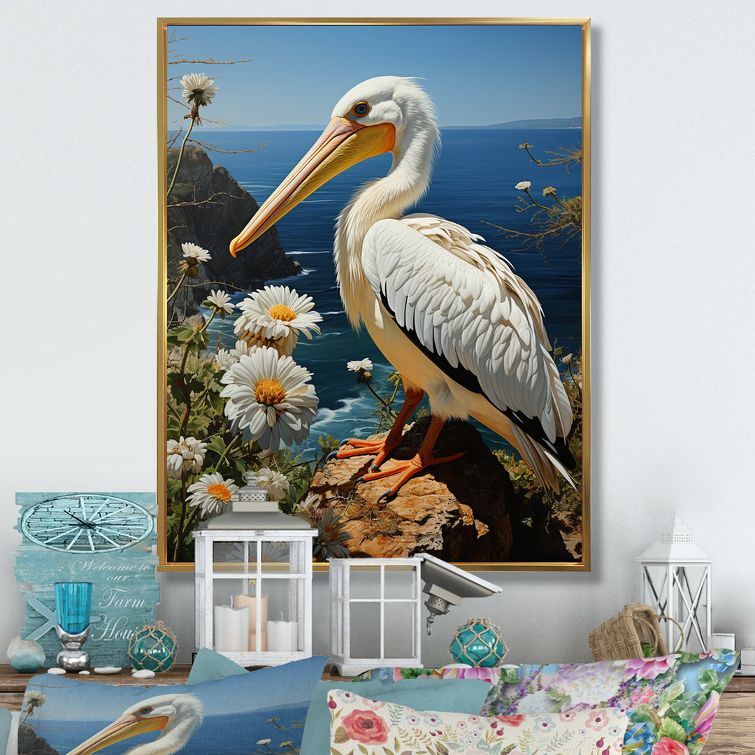 Grey Pelican Coastal Watch Pastoral - Pelican Framed Canvas Art