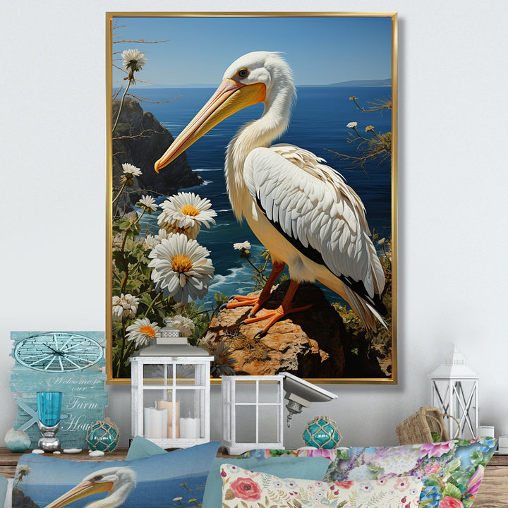 Grey Pelican Coastal Watch Pastoral - Pelican Framed Canvas Art