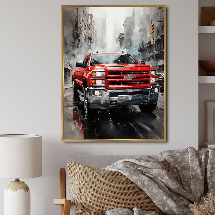 Red Pickup Truck Cityscape Hauler I - Pickup Truck Canvas Wall Art