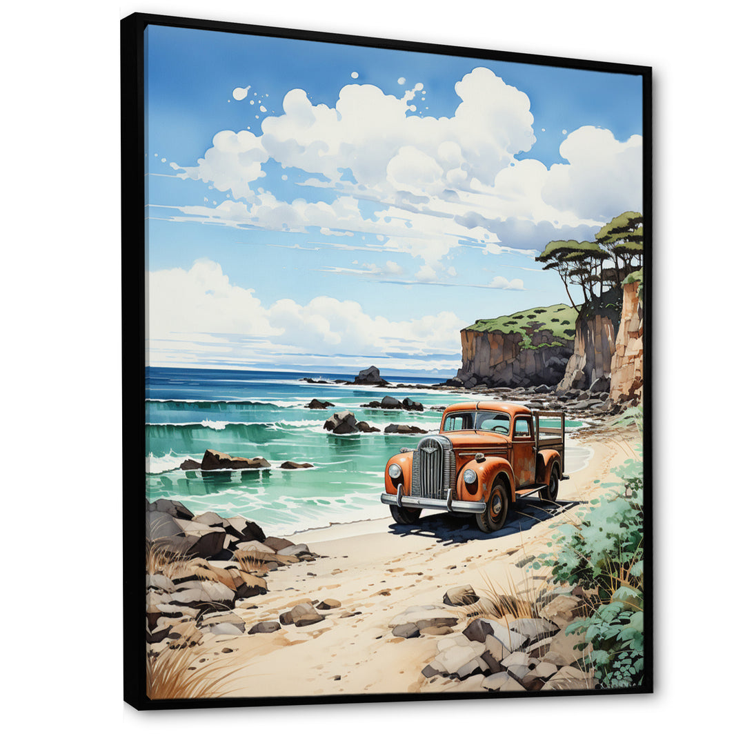 Coral Pickup Truck Coastal Retreat - Pickup Truck Canvas Wall Art