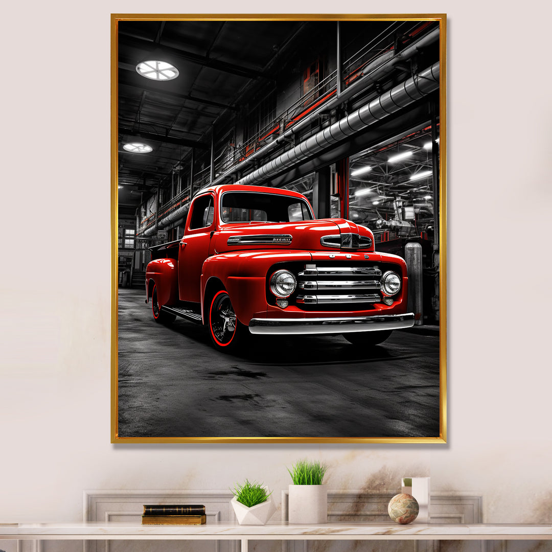 Red Pickup Truck Industrial Elegance - Pickup Truck Canvas Wall Art