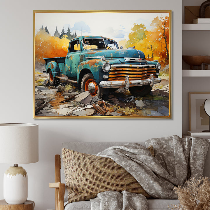 Teal Vintage Pickup Automn Offroad I - Pickup Truck Canvas Wall Art