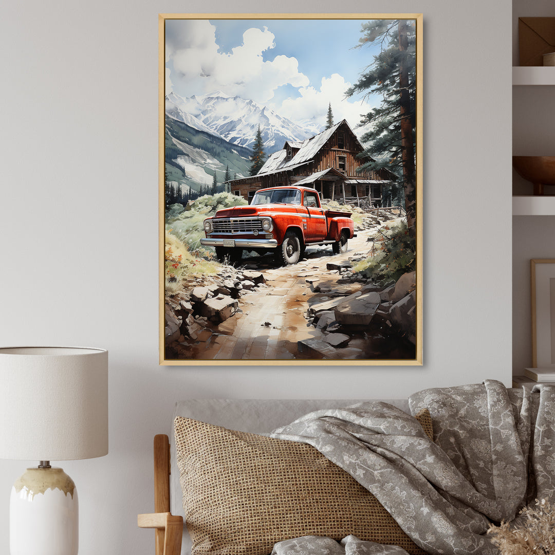 Red Pickup Truck Mountain Retreat - Pickup Truck Canvas Wall Art