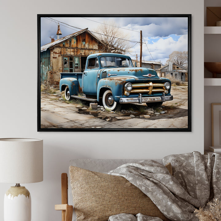 Blue Pickup Truck Roadside Nostalgia - Pickup Truck Canvas Wall Art