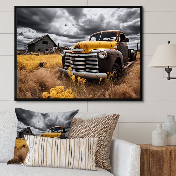 Yellow Pickup Truck Rustic Rides I - Pickup Truck Canvas Wall Art