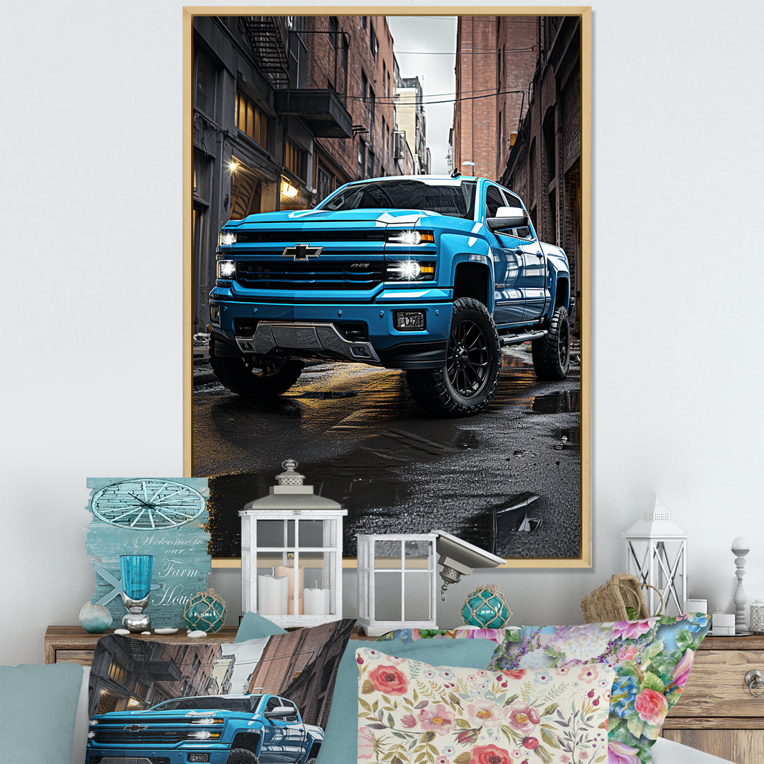 Teal Pickup Truck Urban Explorers - Pickup Truck Canvas Wall Art