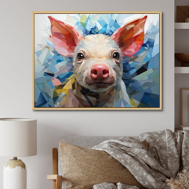 Pink Curious Piglet Geometric - Pink Pig Wall Art