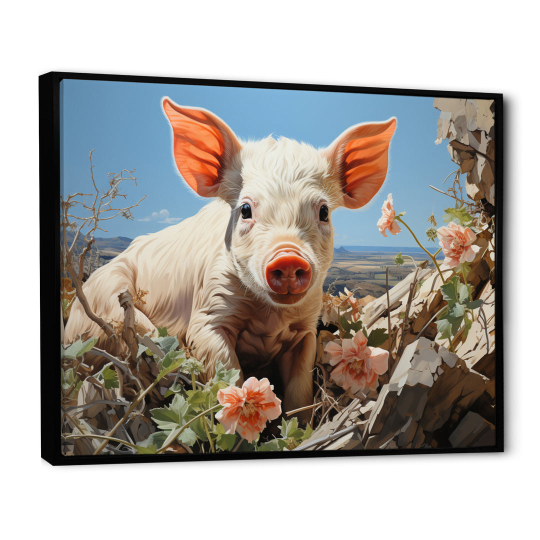 Pink Curious Piglet Pastoral - Pig Framed Canvas Art