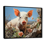 Pink Curious Piglet Pastoral - Pig Framed Canvas Art
