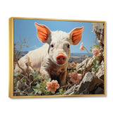 Pink Curious Piglet Pastoral - Pig Framed Canvas Art