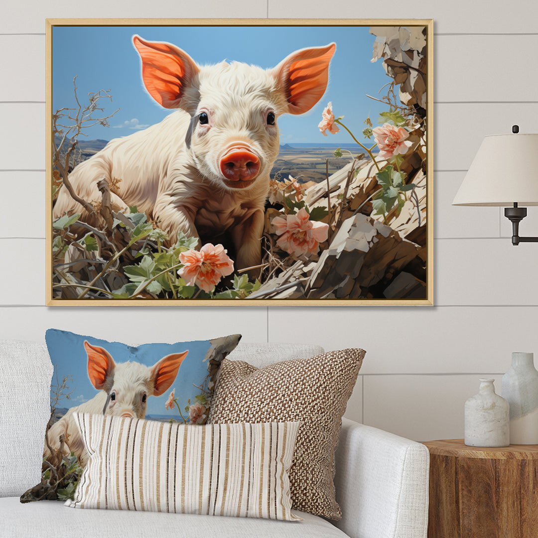 Pink Curious Piglet Pastoral - Pig Framed Canvas Art