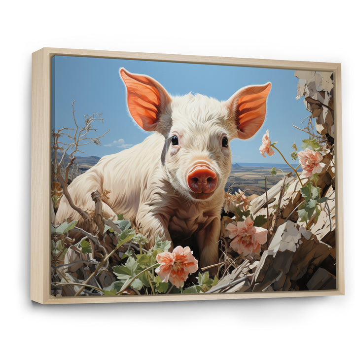 Pink Curious Piglet Pastoral - Pig Framed Canvas Art