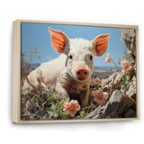 Pink Curious Piglet Pastoral - Pig Framed Canvas Art