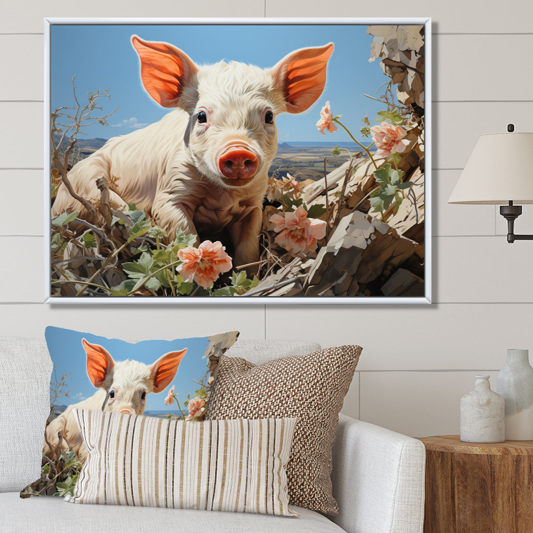 Pink Curious Piglet Pastoral - Pig Framed Canvas Art