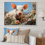 Pink Curious Piglet Pastoral - Pig Framed Canvas Art