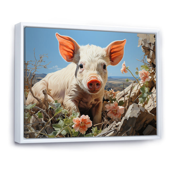 Pink Curious Piglet Pastoral - Pig Framed Canvas Art