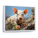 Pink Curious Piglet Pastoral - Pig Framed Canvas Art