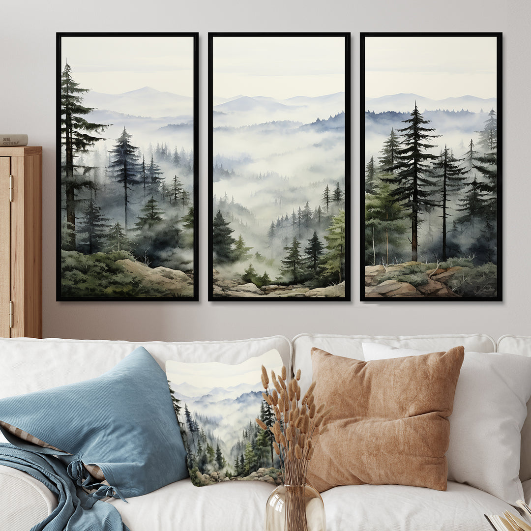 Pine Tree Misty Mountain I - 3-Piece Canvas Wall Art
