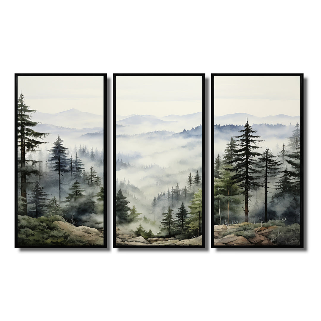 Pine Tree Misty Mountain I - 3-Piece Canvas Wall Art
