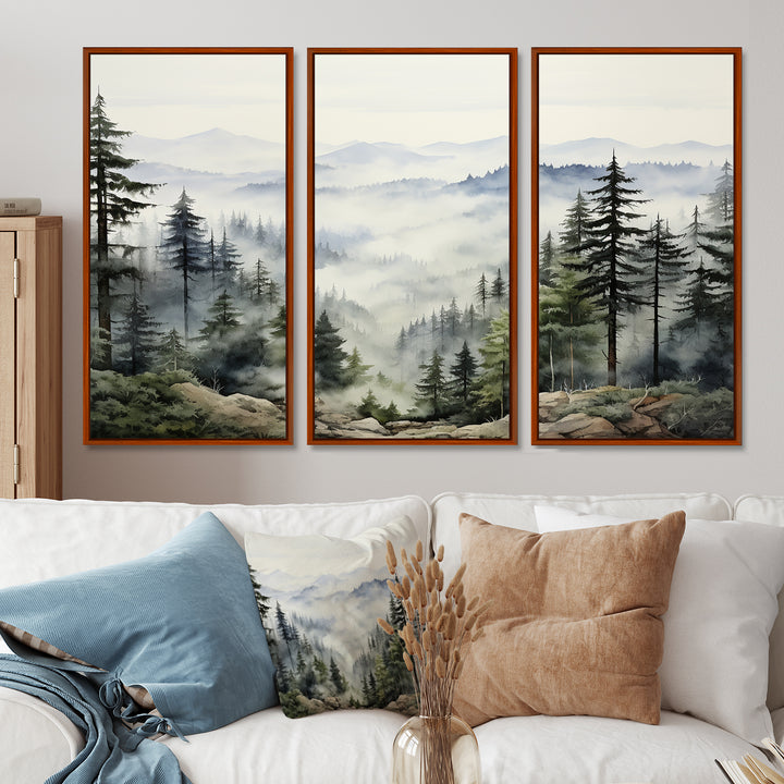 Pine Tree Misty Mountain I - 3-Piece Canvas Wall Art