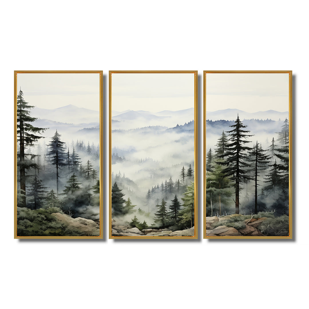 Pine Tree Misty Mountain I - 3-Piece Canvas Wall Art
