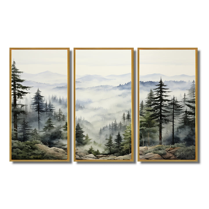 Pine Tree Misty Mountain I - 3-Piece Canvas Wall Art