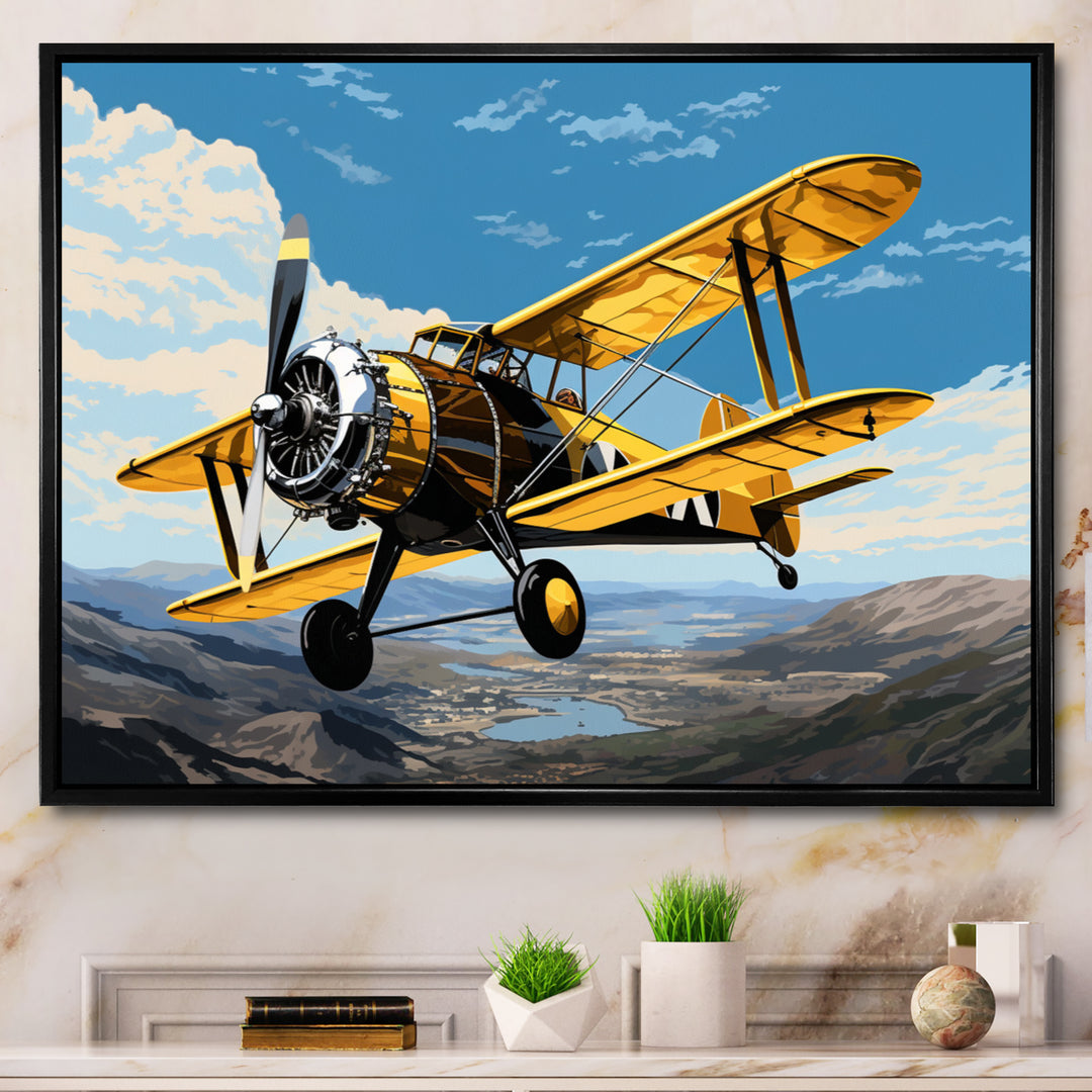 Yellow Airplane Over The Lake - Plane Canvas Wall Art