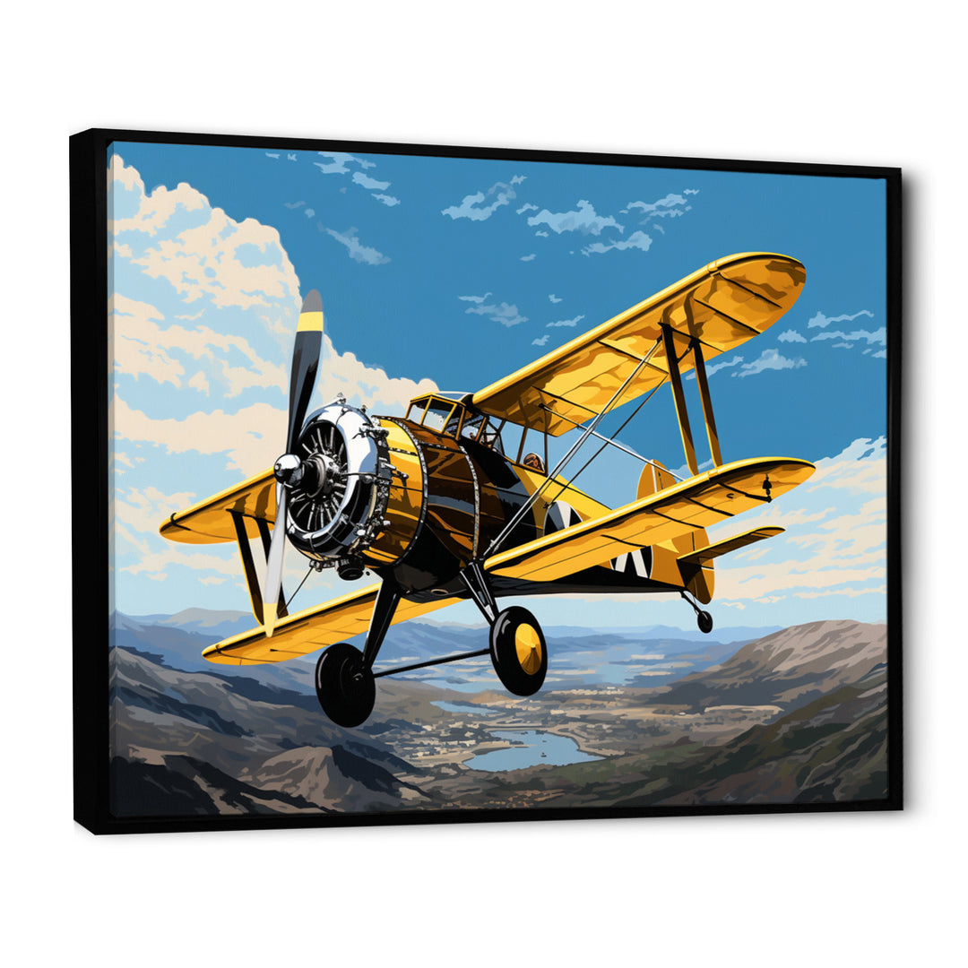 Yellow Airplane Over The Lake - Plane Canvas Wall Art