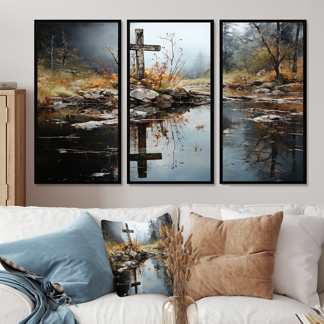 Religious Cross Divine Reflection Landscape II - Canvas Multipanels Set of 3