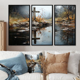 Religious Cross Divine Reflection Landscape II - Canvas Multipanels Set of 3