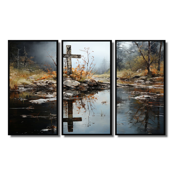 Religious Cross Divine Reflection Landscape II - Canvas Multipanels Set of 3