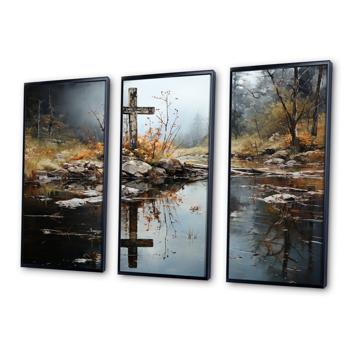 Religious Cross Divine Reflection Landscape II - Canvas Multipanels Set of 3