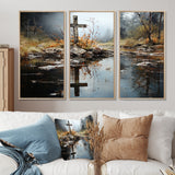 Religious Cross Divine Reflection Landscape II - Canvas Multipanels Set of 3
