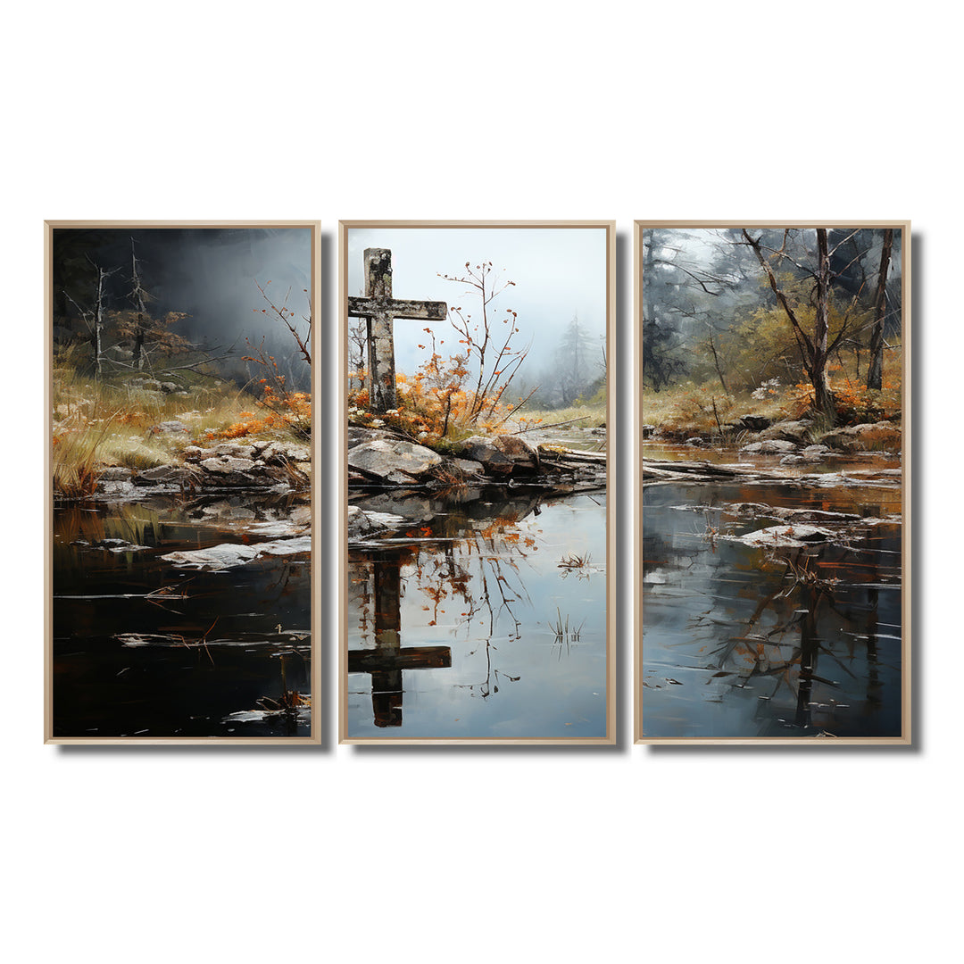 Religious Cross Divine Reflection Landscape II - Canvas Multipanels Set of 3