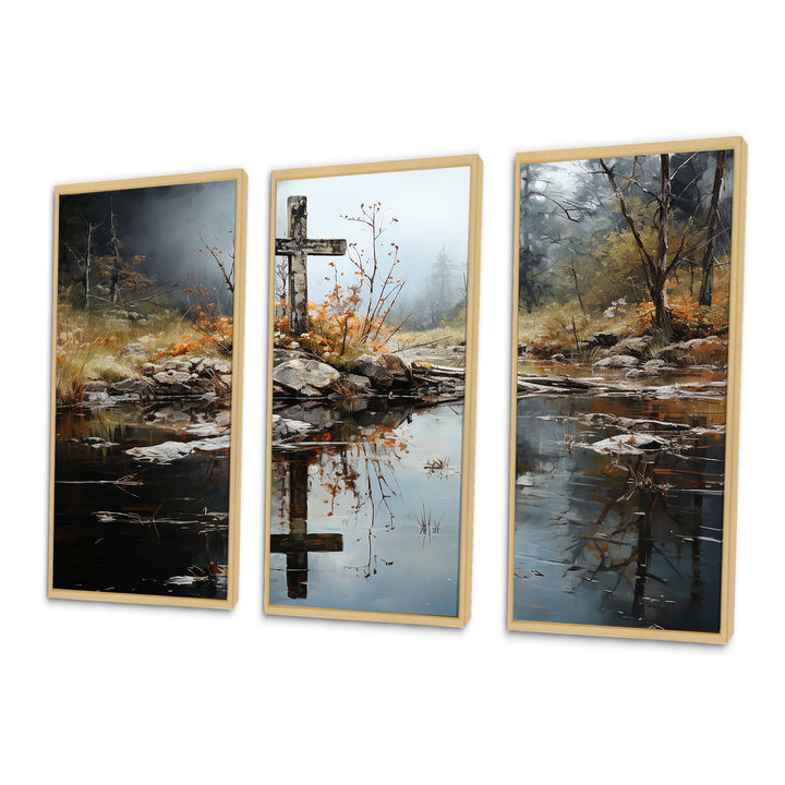 Religious Cross Divine Reflection Landscape II - Canvas Multipanels Set of 3