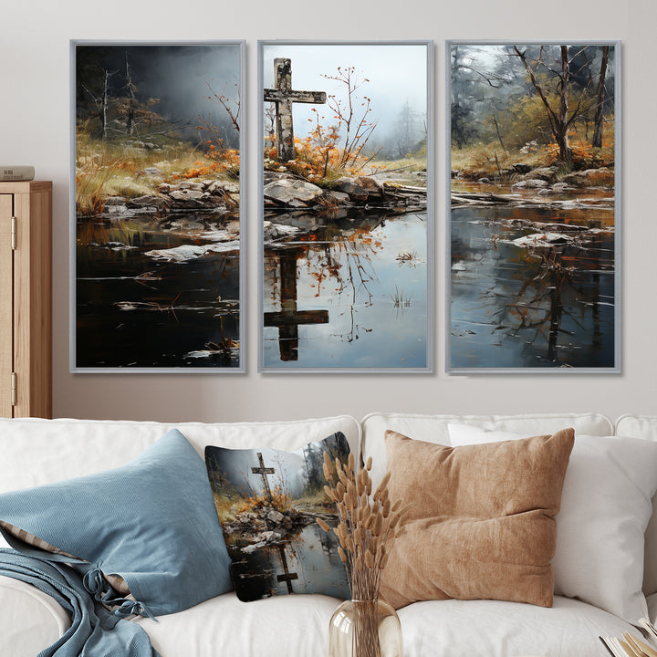 Religious Cross Divine Reflection Landscape II - Canvas Multipanels Set of 3