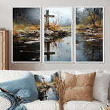 Religious Cross Divine Reflection Landscape II - Canvas Multipanels Set of 3