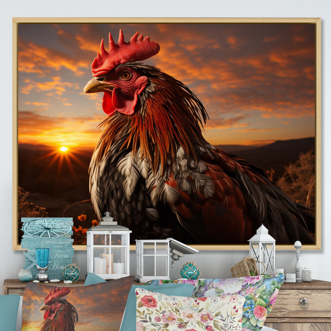 Rooster Portrait At Dawns Landscape - Multi-Color Rooster Wall Art