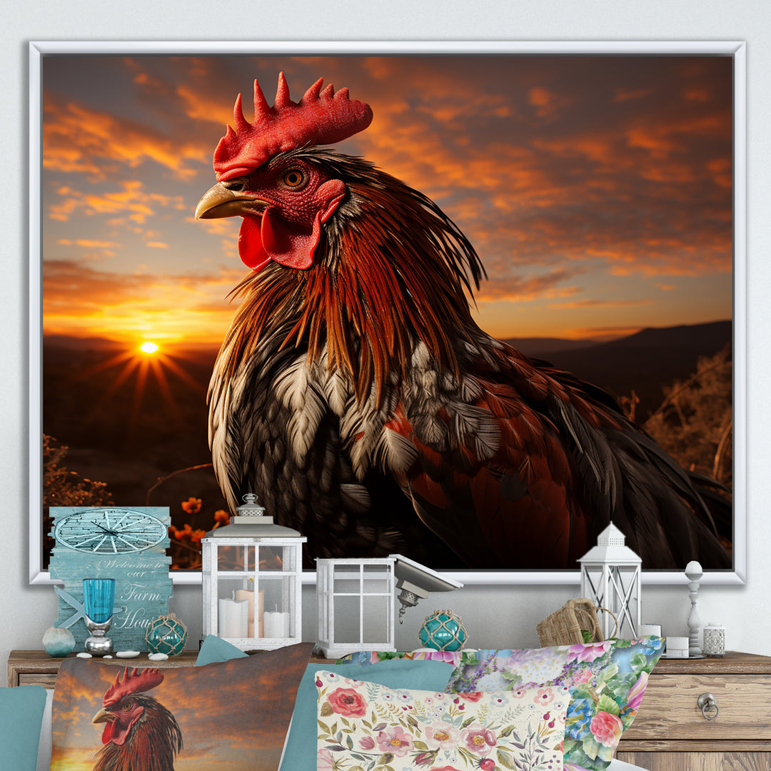 Rooster Portrait At Dawns Landscape - Multi-Color Rooster Wall Art
