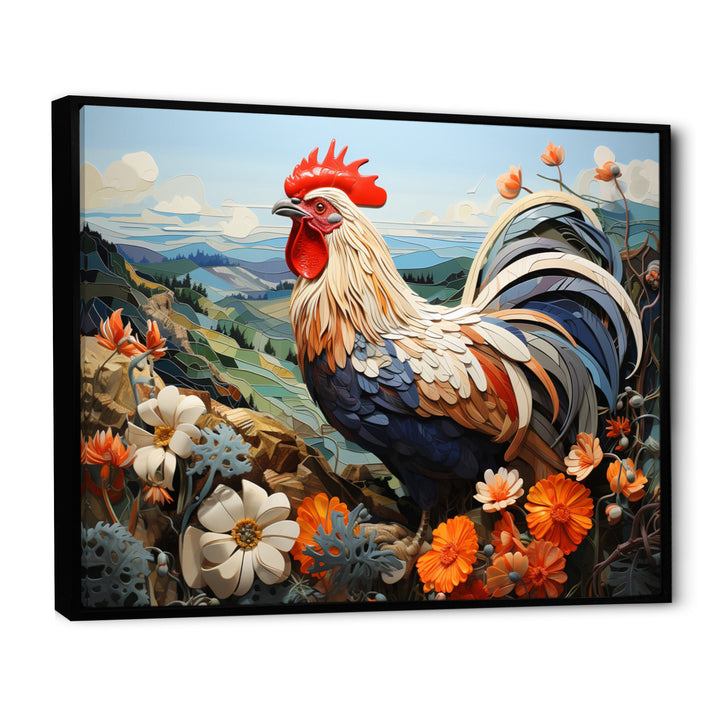 Rooster Portrait With Mountain Flowers - Rooster Large Canvas Wall Art