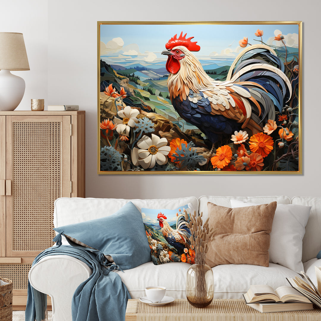 Rooster Portrait With Mountain Flowers - Rooster Large Canvas Wall Art