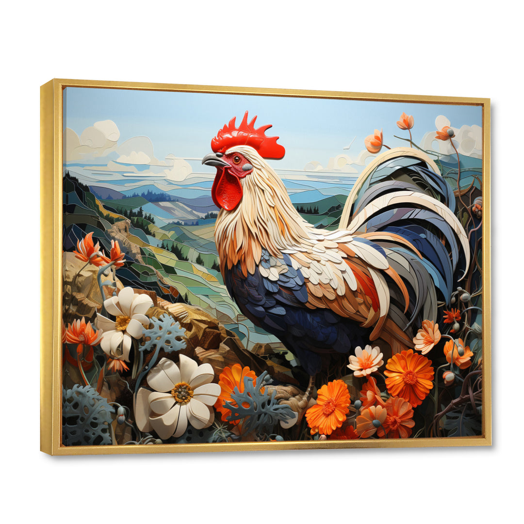 Rooster Portrait With Mountain Flowers - Rooster Large Canvas Wall Art