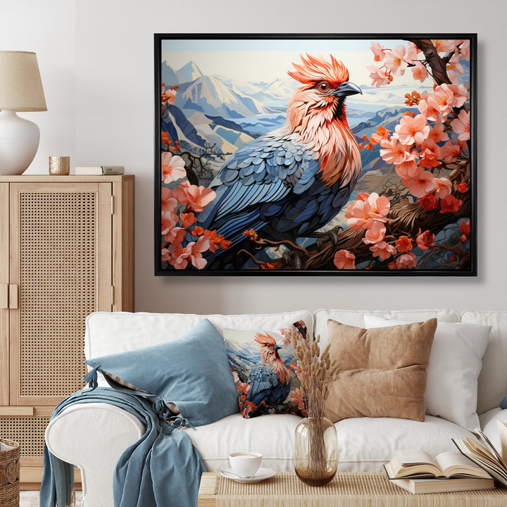 Rooster Sitting At Pink Flower Tree Branch - Rooster Bedroom Wall Art