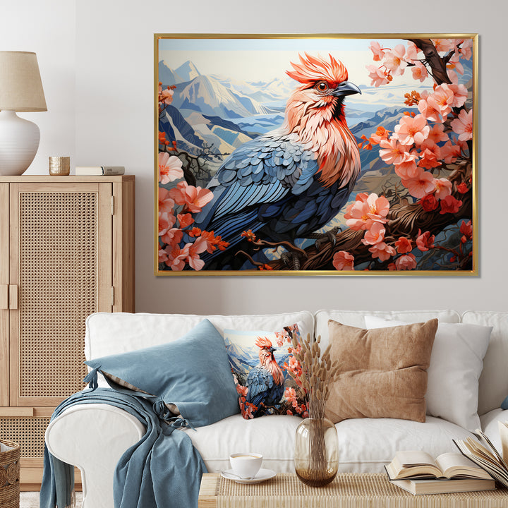 Rooster Sitting At Pink Flower Tree Branch - Rooster Bedroom Wall Art