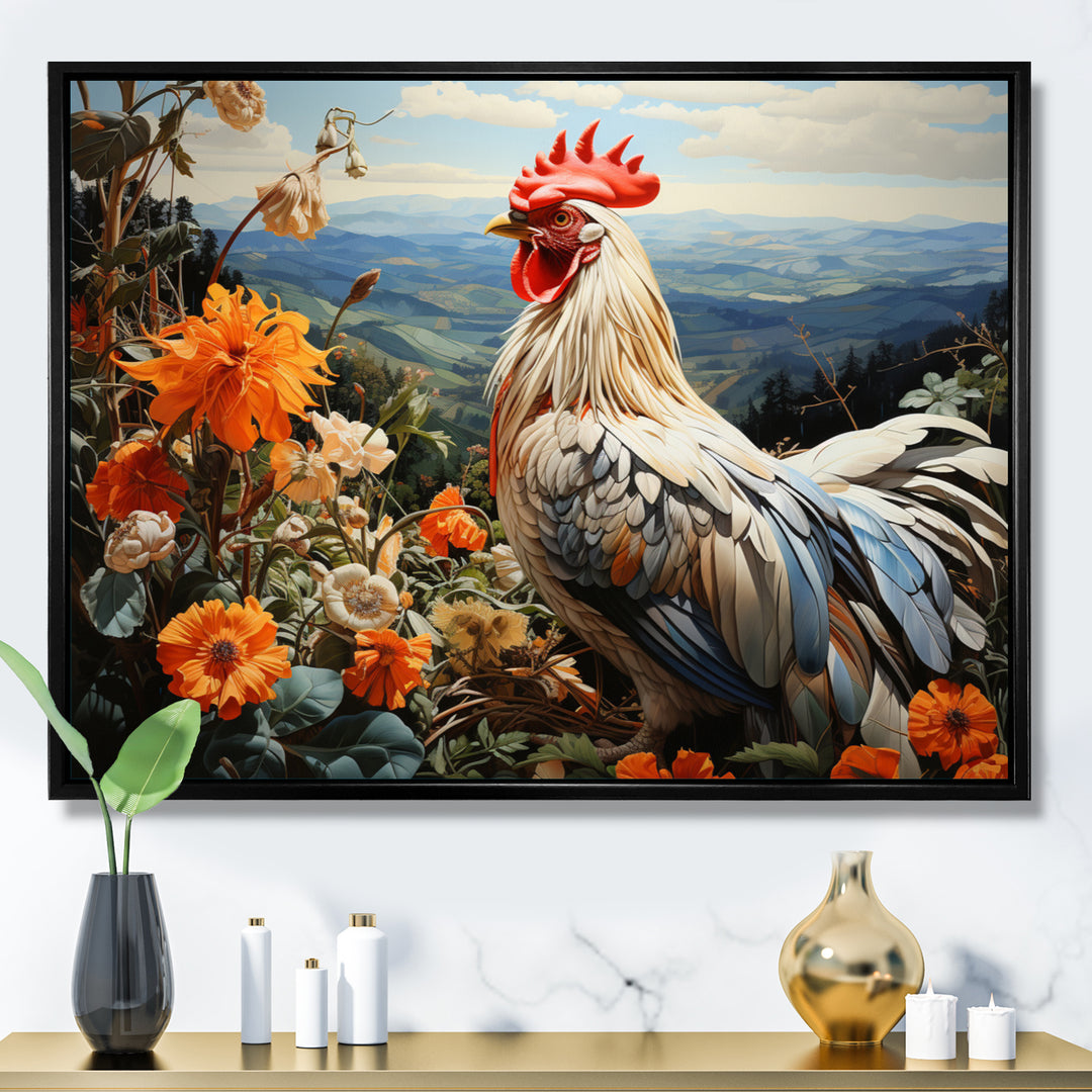Cream Rooster With Orange Flower Landscape - Rooster Canvas Wall Art