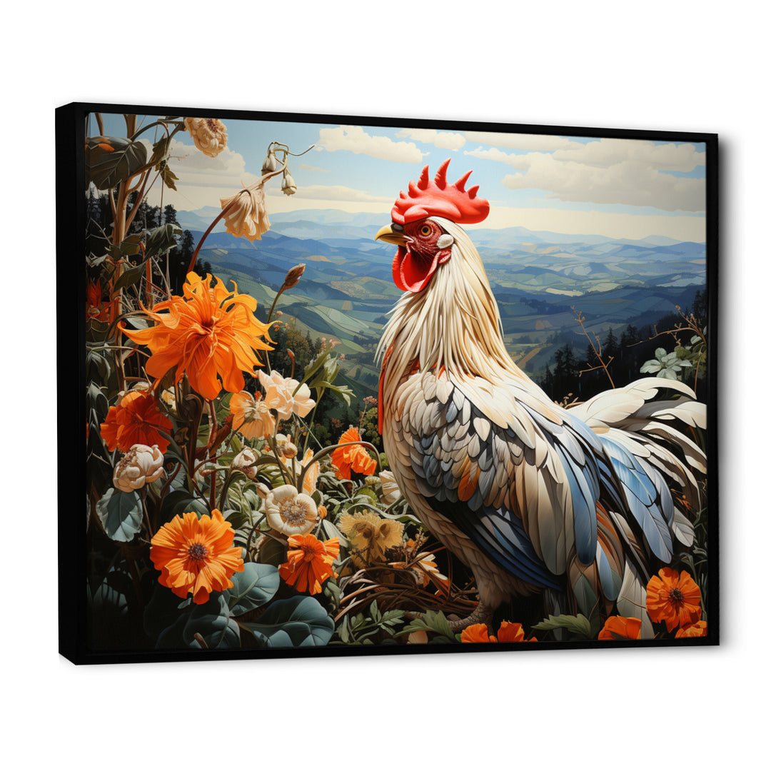 Cream Rooster With Orange Flower Landscape - Rooster Canvas Wall Art