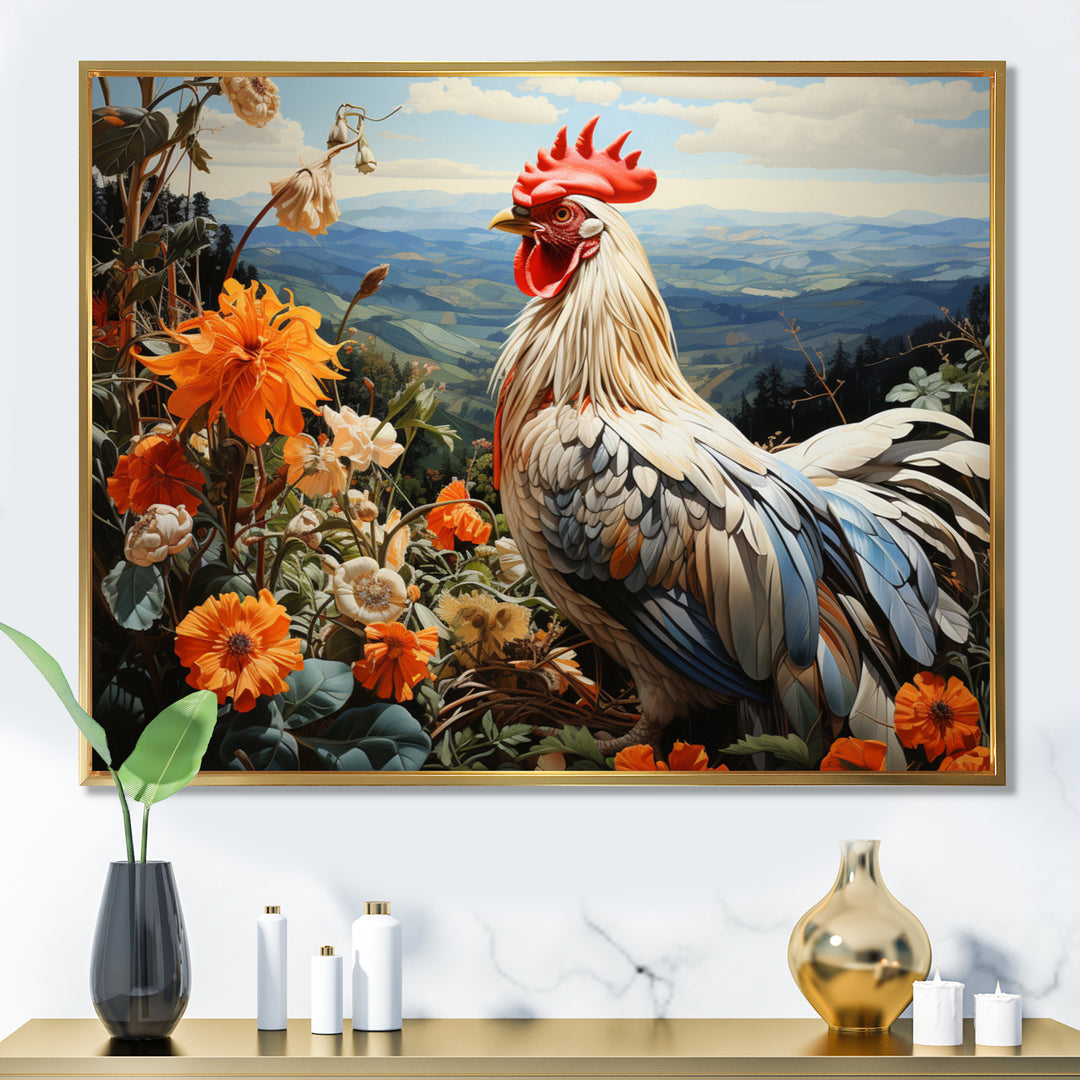 Cream Rooster With Orange Flower Landscape - Rooster Canvas Wall Art