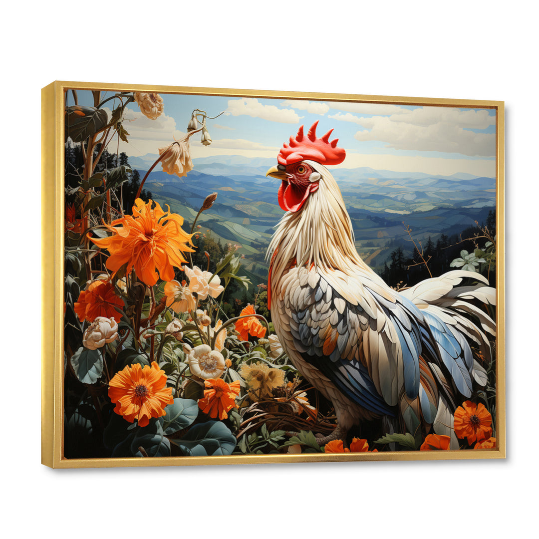 Cream Rooster With Orange Flower Landscape - Rooster Canvas Wall Art