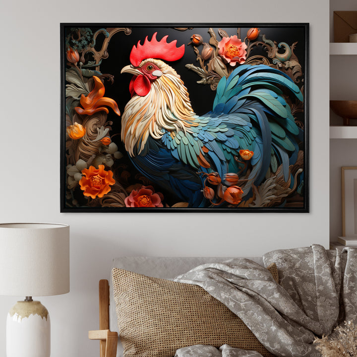 Blue Rooster With Orange Flowers - Rooster Canvas Wall Art